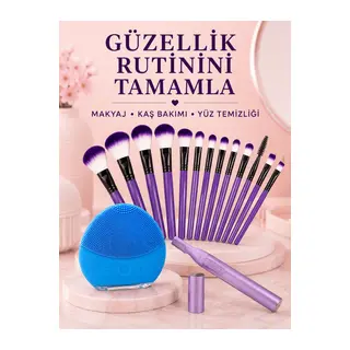 Kadın Güzellik Seti 12’li Mor Makyaj Fırçası Kaş Düzeltici ve Silikon Yüz Temizleme Cihazı Cilt Bakım Seti