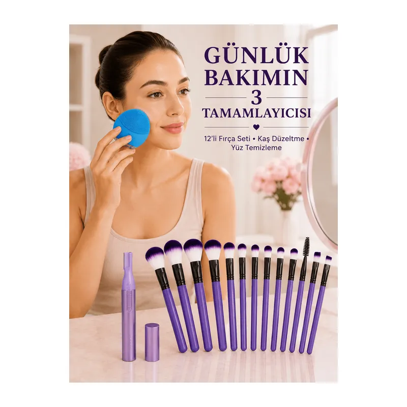 12’li Makyaj Fırça Seti Kaş Düzeltme Cihazı ve Yüz Temizleme Cihazı 3’lü Kadın Güzellik ve Bakım Seti