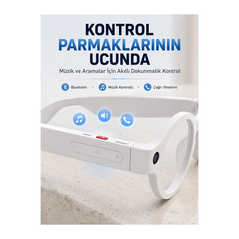 Beyaz Yapay Zeka Akıllı Gözlük Fotoğraf Video Ses Kayıtlı Çoklu Dil Çeviri Bluetooth Bağlantılı 3 Lensli