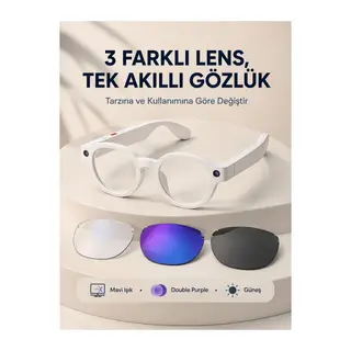 Beyaz Akıllı Kamera Gözlüğü Fotoğraf Video Çekimli Yapay Zeka Destekli Bluetooth Çoklu Dil Çeviri 3 Lensli