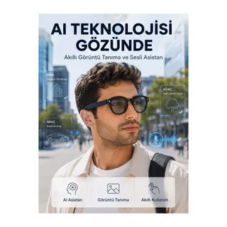 Siyah 3 Lensli Akıllı Kamera Gözlüğü Bluetooth Görüşme Müzik Kontrolü AI Sesli Asistan ve Görüntü Tanıma