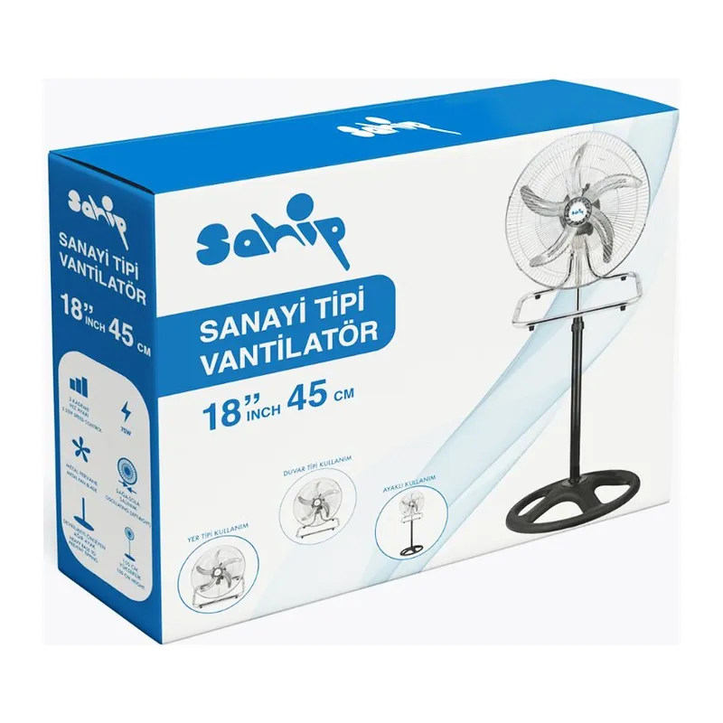 3İN1 Kullanım 18 İnç 45 Cm Sanayi Tipi Ayaklı Vantilatör 5-METAL Pervane 3-KADEME Hız 75WY:150CM Fan