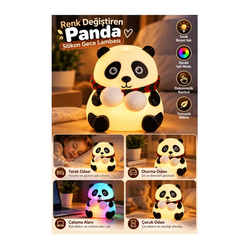 Yatak Odası Çocuk Odası İçin Renk Değiştiren Panda Silikon Gece Lambası