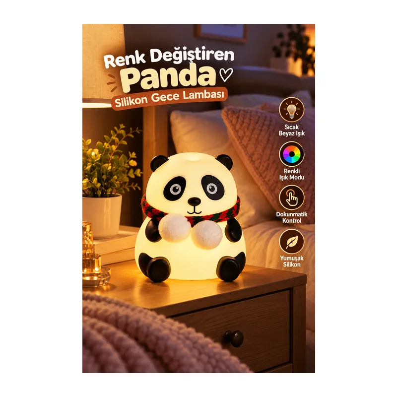 Sevimli Panda Silikon Gece Lambası Renkli Işık Modu Dokunmatik Kontrollü Aydınlatma