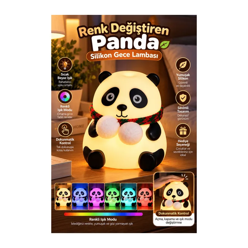 Dokunmatik Kontrollü Renk Değiştiren Panda Gece Lambası Çocuk Odası ve Yatak Odası