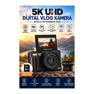 5K 75MP 18X Zoom Flaşlı 3” Flip Ekranlı Türkçe 32GB Kart Dijital Vlog Fotoğraf Makinesi Lens Hediyeli