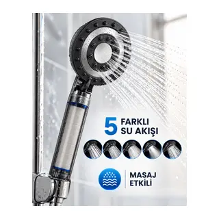 Siyah Filtreli Duş Başlığı 5 Farklı Su Akışı Masaj Etkili Klor ve Kireç Filtreleme