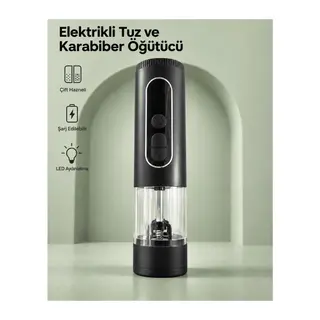 Çift Hazneli Şarj Edilebilir Elektrikli Tuz ve Karabiber Öğütücü Siyah