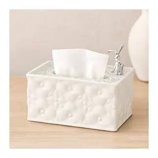 Dikdörtgen Beyaz Yaylı Masaüstü Peçetelik 18.4x12.5x9 cm