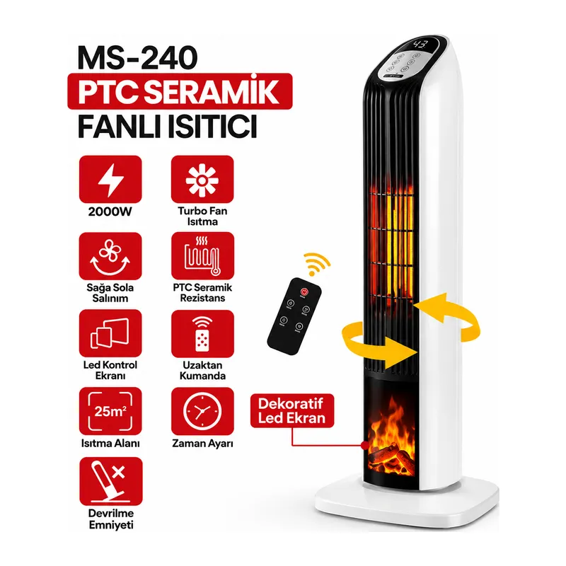 PTC Seramik Fanlı Elektrikli Isıtıcı Kumandalı