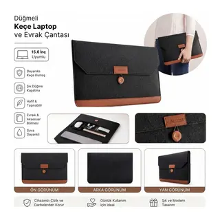 15.6 İnç Düğmeli Keçe Laptop ve Evrak Çantası, Notebook Bilgisayar ve Dosya Taşıma Çantası