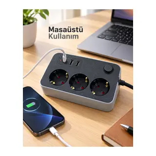 Masaüstü Kullanıma Uygun Anahtarlı USB ve Type C Çıkışlı Termal Akım Korumalı Priz