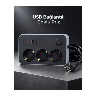 Çalışma Alanlarına Uygun Anahtarlı USB ve Type C Şarj Çıkışlı Kablolu Çoklu Priz