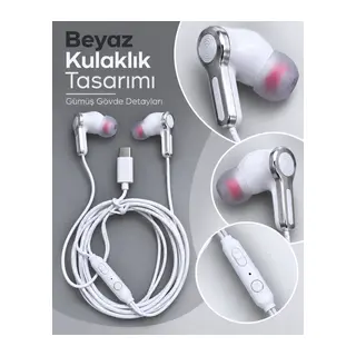 Örgülü Kablo Tasarımlı Kumandalı Beyaz Type C Kulaklık