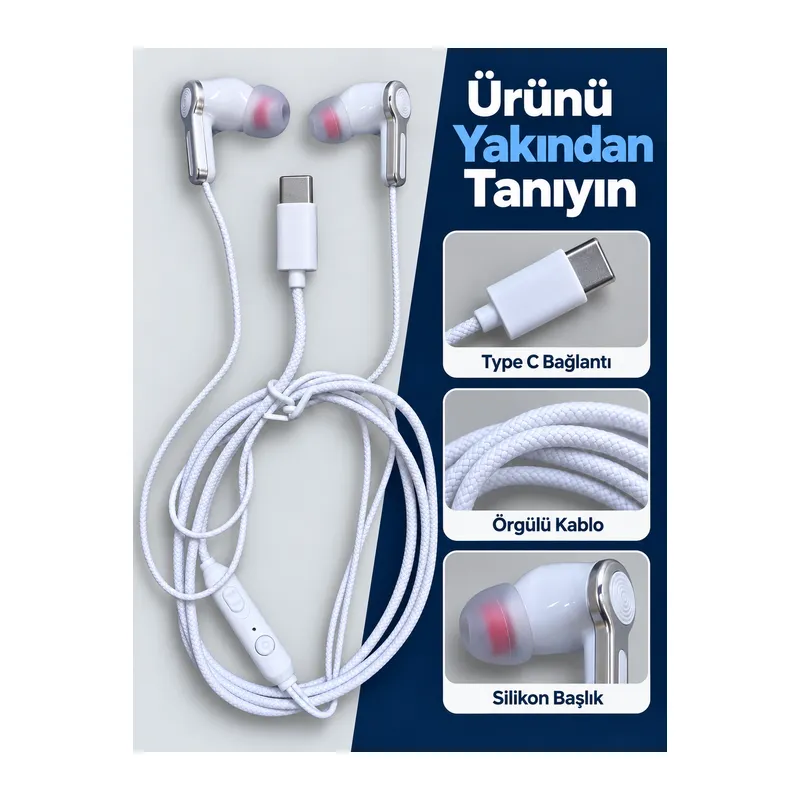 Gümüş Detaylı Silikon Başlıklı Type C Kablolu Kulaklık