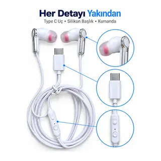 Kumandalı ve Silikon Başlıklı Beyaz Type C Kablolu Kulaklık