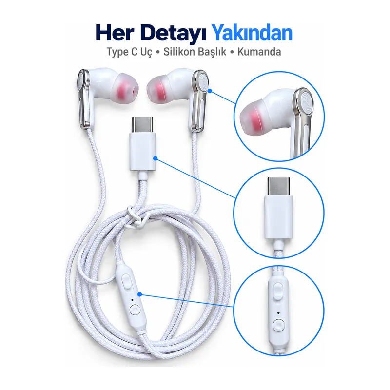Kumandalı ve Silikon Başlıklı Beyaz Type C Kablolu Kulaklık