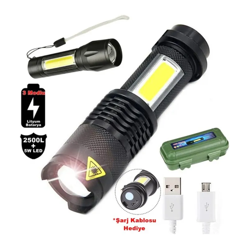 Su Geçirmez Şarjlı El Feneri 2500 Lumens + 5W COB LED USB Lion Şarjlı Ultra Güçlü Q5 XPE