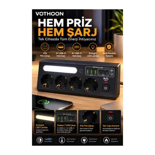 Çoklu Gece Lambalı Üçgen Priz Akım Korumalı 4’LÜ Priz 3XUSB 3XType-C Çıkışlı Grup Priz Siyah