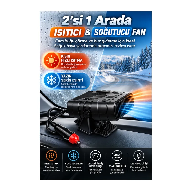 12V Araç İçi Cam Buğu Çözücü Isıtıcı Fan 2’si 1 Arada Sıcak Soğuk Hava Üfleyici Buz Çözücü