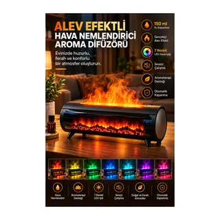 Şömine Görünümlü Hava Nemlendirici 150 ML 7 Renk LED Işıklı Ultrasonik Hava Nemlendirici Siyah