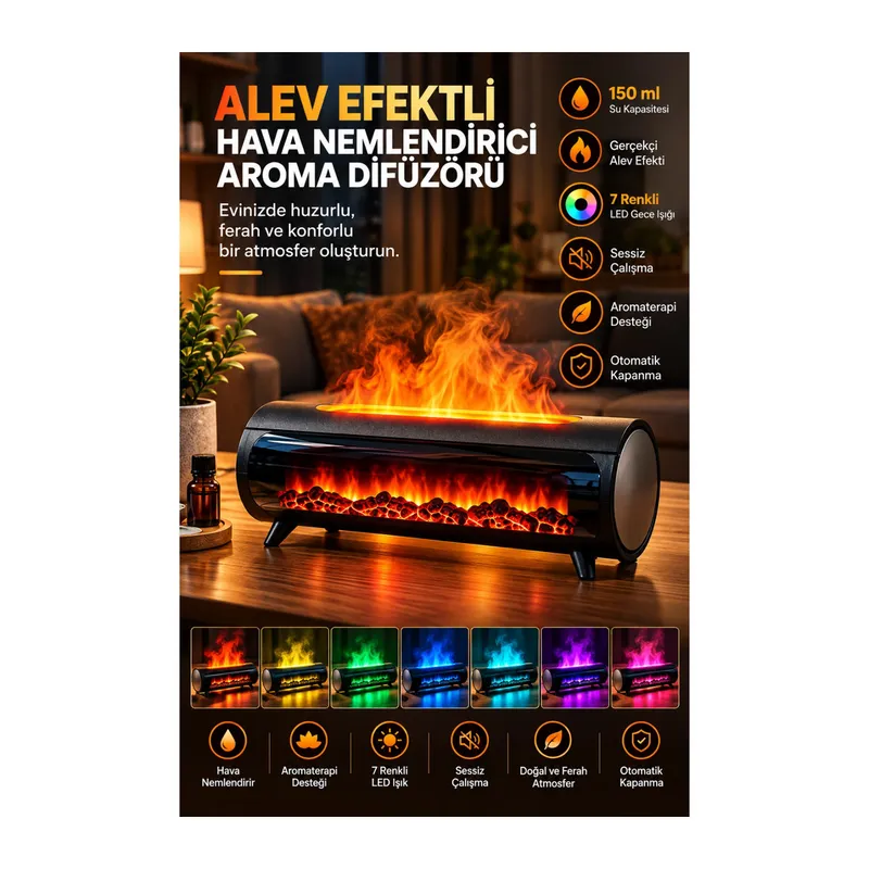 Şömine Görünümlü Hava Nemlendirici 150 ML 7 Renk LED Işıklı Ultrasonik Hava Nemlendirici Siyah