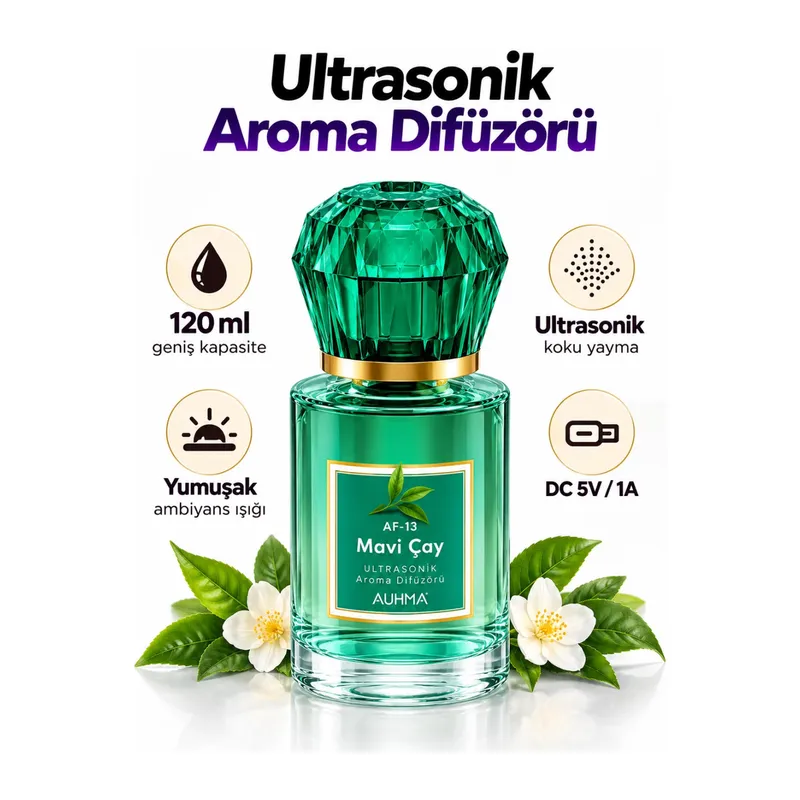 Ultrasonik Aroma Difüzörü 120 ML Mavi Çay Kokulu LED Işıklı Araç ve Oda Kokusu