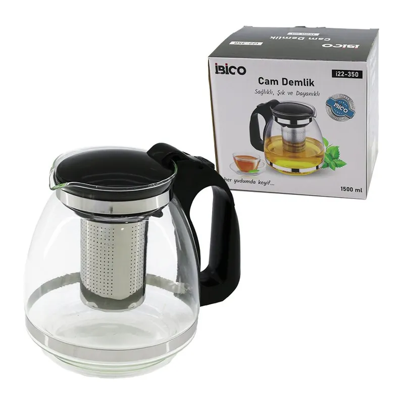 1500ML Cam Demlik Çelik Süzgeçli - Plastik Kulp - Kapak - Krom Çerçeve