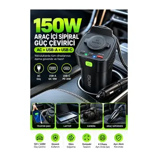 150W Araç İçi Şarj Adaptörü 12V 220V Çakmaklık Girişli 30W Type-C 18W USB Hızlı Şarj