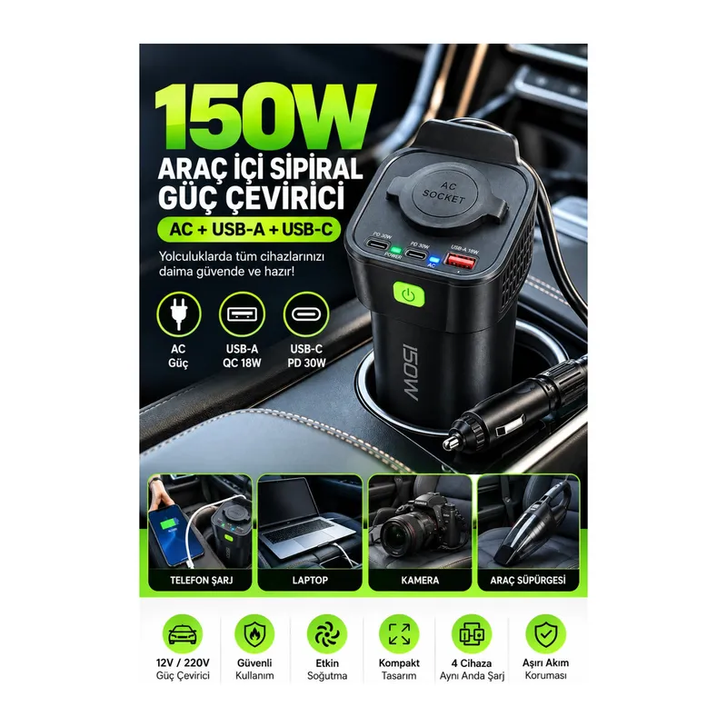 150W Araç İçi Şarj Adaptörü 12V 220V Çakmaklık Girişli 30W Type-C 18W USB Hızlı Şarj