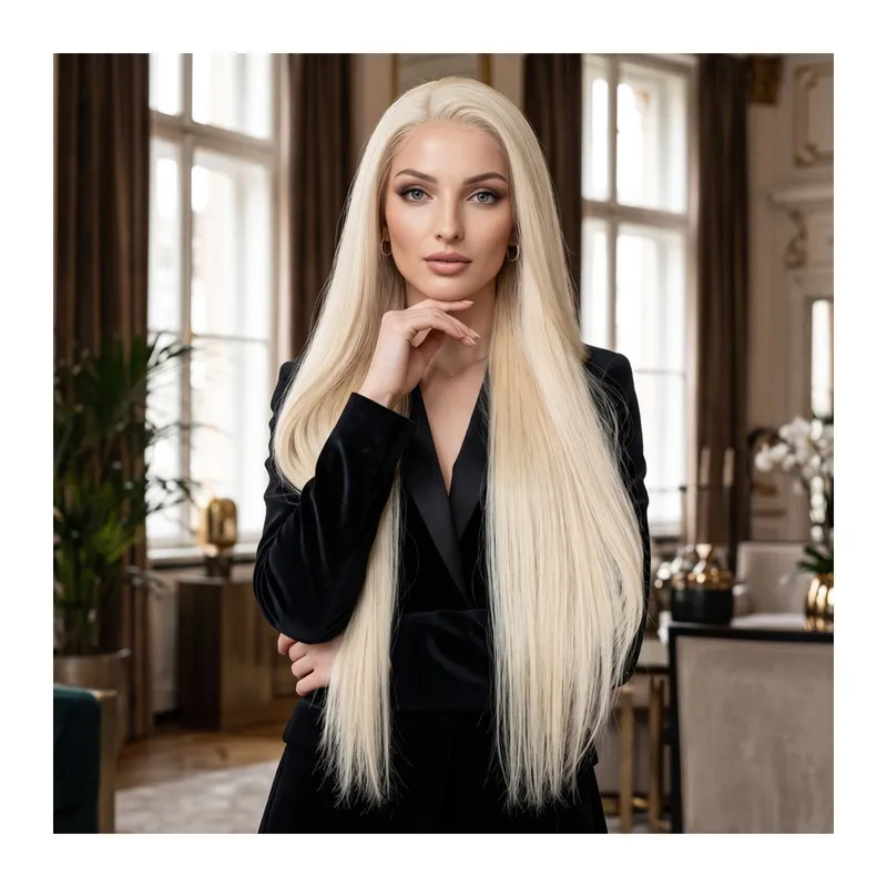 Dip Uç Dolu Beyaz Platin Tül Peruk Front Lace Düz %100 Gerçek Saç - 70-75cm