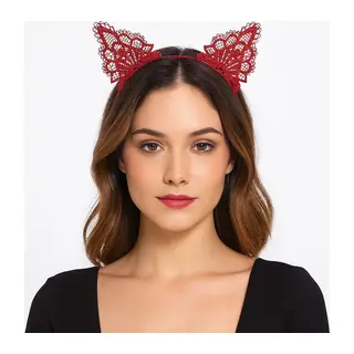 Dantelli Kırmızı Kedi Tacı - Vintage Tarz Dantel Kedi Kulak