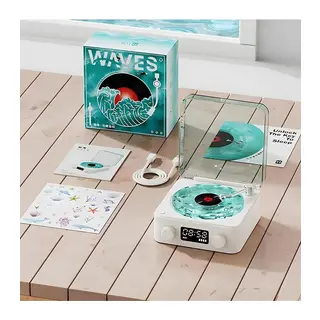 Waves Nostalji Plak Görünümlü Bluetooth Hoparlör 3D Ses Dalgası Retro Müzik Plak Mavi