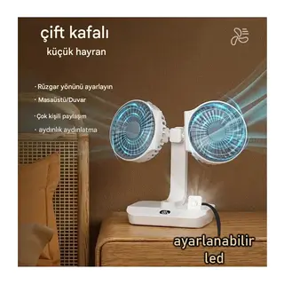 Masaüstü Dijital Ekranlı Çift Fanlı Led Işıklı Soğutucu Fan Ev Ofis Şarjlı Vantilatör