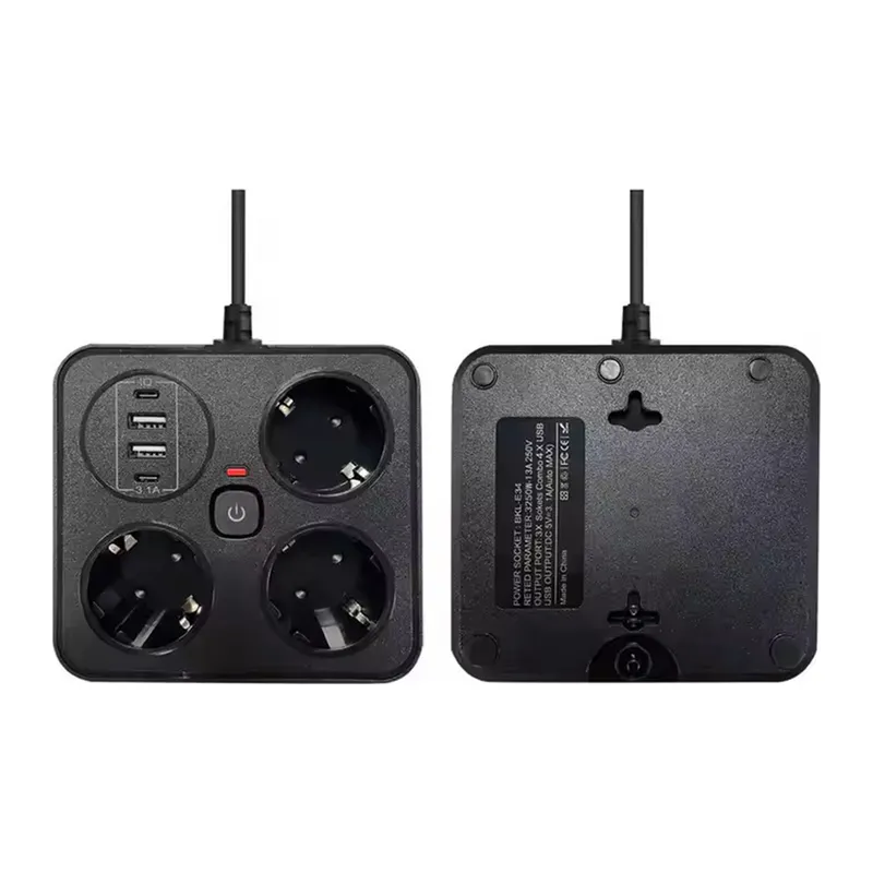 Akım Korumalı Anahtarlı Priz - 3X Priz - 2X Usb - 2X Type-C - 2 mt Kablo Hızlı Şarj Özellikli Siyah