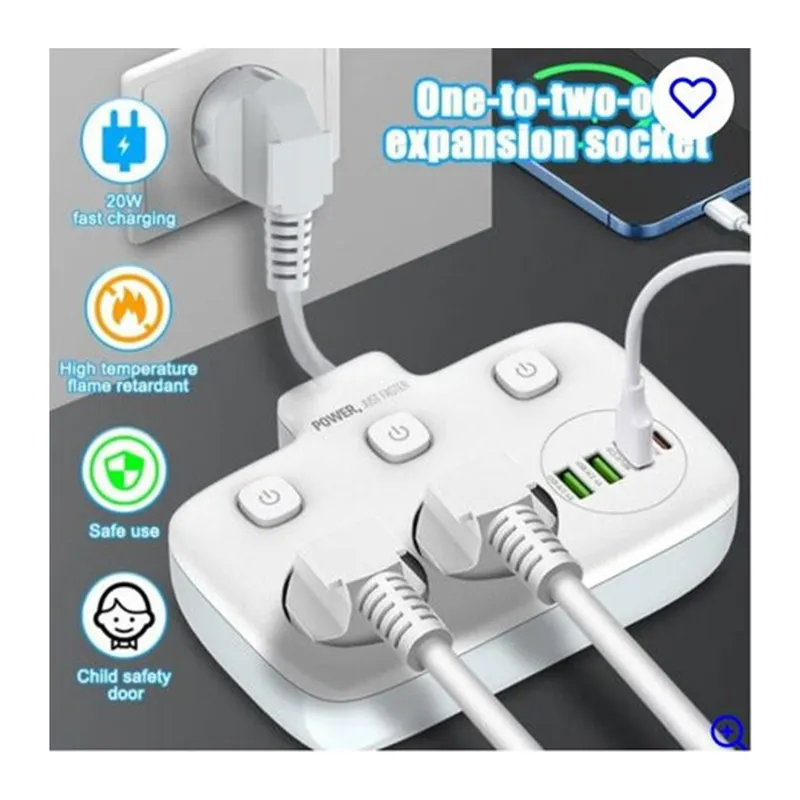 Akım Korumalı 2’li Ayrı Anahtarlı Priz, 2x Priz, 3x USB, 1x Type-C, 2 mt Kablo, Hızlı Şarj