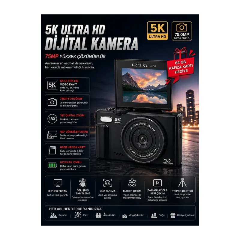 5K 75MP HD Dijital Kamera 18X Dijital Zoom, Flaşlı,3.0 inç Ekranlı Fotoğraf Makinesi