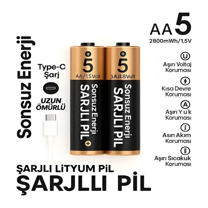 Type-C Şarjlı 2800MWH 1.5V Şarj Edilebilir 2’li AA5 Kalem Pil - Lityum Iyon Batarya