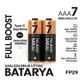 Type-C Şarjlı 800MWH 1.5V Şarj Edilebilir 2’li AAA İnce Pil - Lityum Iyon Batarya