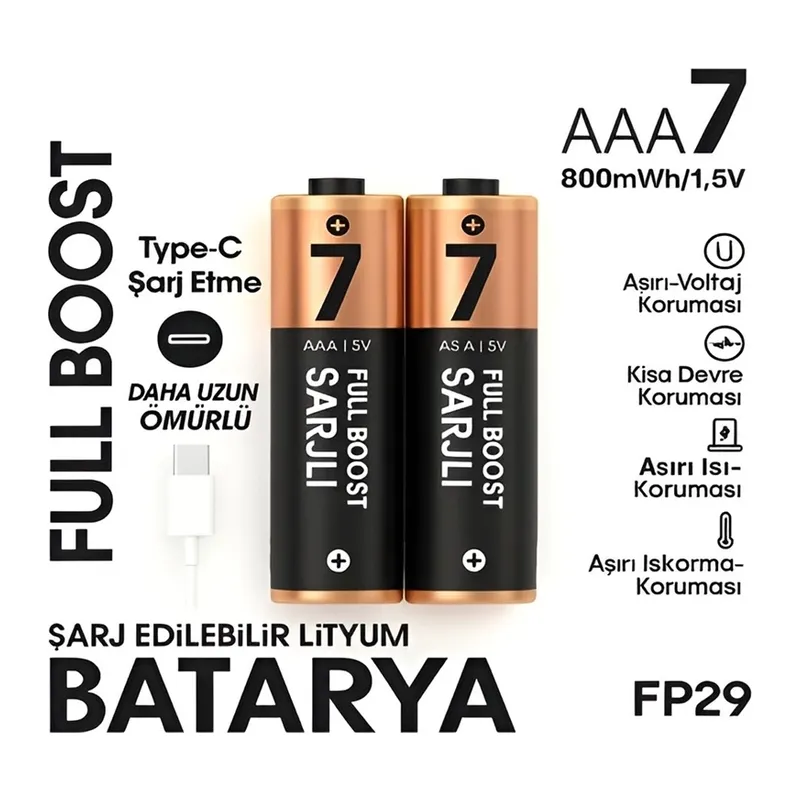 Type-C Şarjlı 800MWH 1.5V Şarj Edilebilir 2’li AAA İnce Pil - Lityum Iyon Batarya