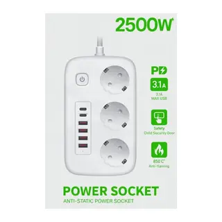 Akım Korumalı Priz ve Masaüstü Şarj İstasyonu Kablosuz 3 Priz,4 USB, 2 Type-C Girişli 2 Metre