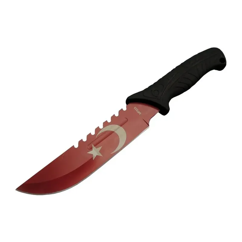 Ayyıldız MF033 RD Kırmızı Av Bıçağı 31cm - Testere Detaylı Bıçak, Oluklu, Kılıflı, Plastik Sap