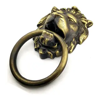 Antika Tarz Dekoratif Pirinç Aslan Kapı Tokmağı, Taktak - 102x130 mm, Antik