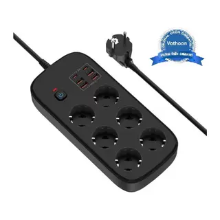 Termal Akım Korumalı 6’lü Priz 4x USB 2x Type-C Çıkışlı Grup Priz Çoğaltıcı (3500W) Siyah