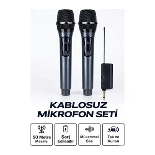 Profesyonel Çiftli Kablosuz Mikrofon Seti Karaoke Şarj Edilebilir 50 Metre