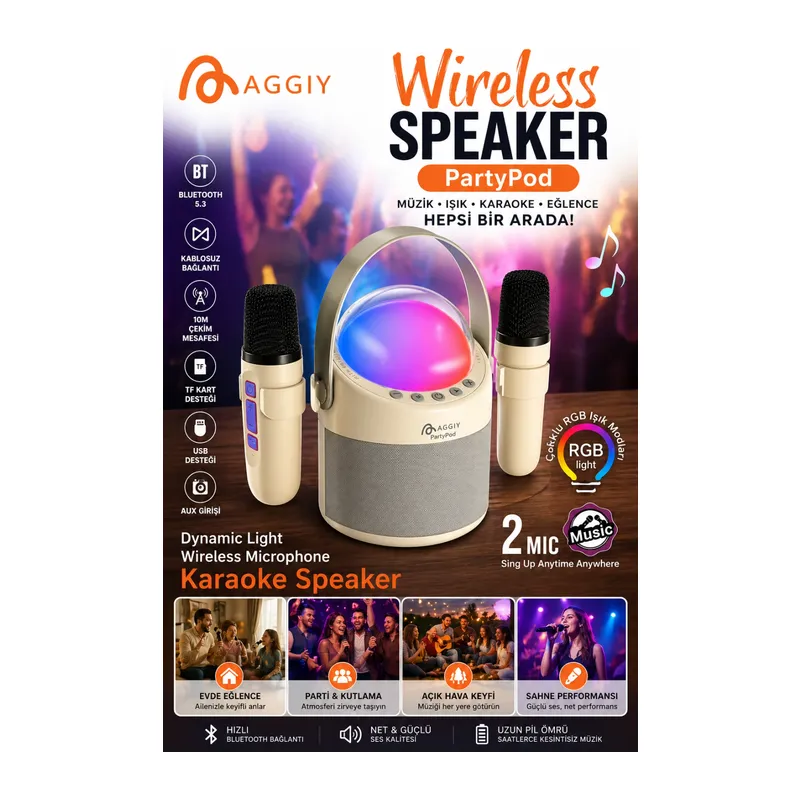 PartyPod Bluetooth 5.3 Destekli Çok Fonksiyonlu Kablosuz Mikrofon Ve Hoparlör