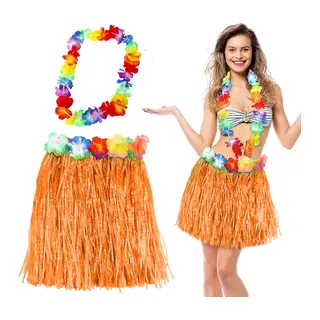 Hawaii Luau Aloha Turuncu Püsküllü 40 cm Etek ve Hawaii Kolye Seti