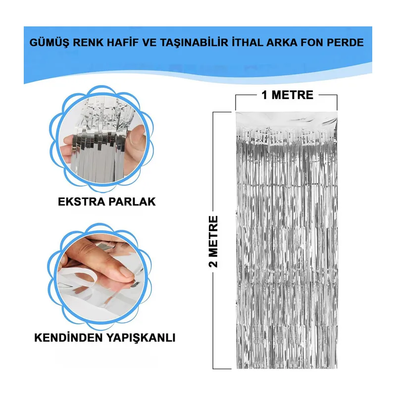 Gümüş Renk Ekstra Metalize Parlak Saçaklı Arka Fon Perde İthal A Kalite 1x2 Metre