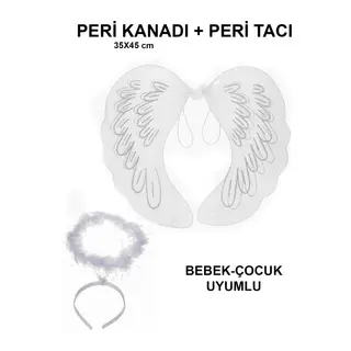 Beyaz Otrişli Dantel Tüllü Peri Kanadı ve Peri Tacı Seti 45x40 cm