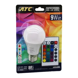 ATC-RGB-9W Kumandalı 9W=60W RGB=16-RENKLİ Led Ampul E27 800 Lümen 6500K 25.000 Saat Ömür